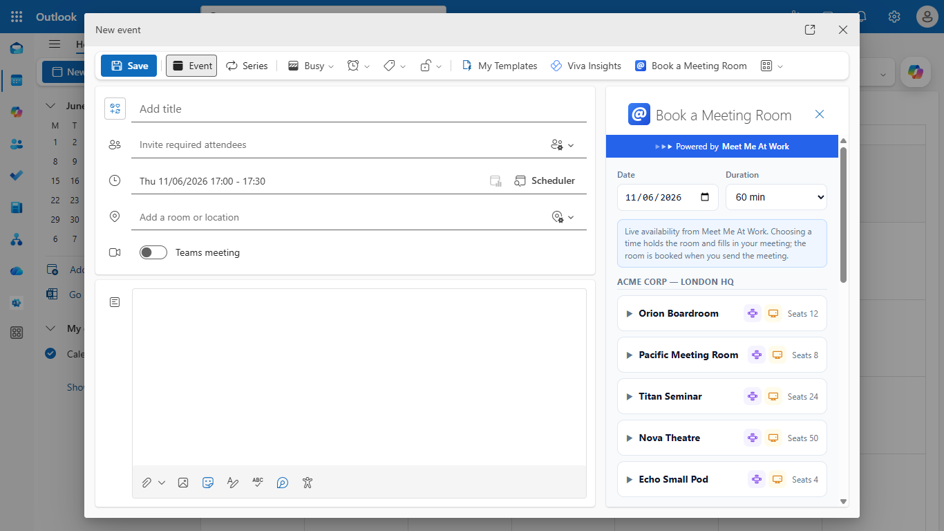 The Book a Meeting Room pane inside Outlook's New event window, listing rooms with live availability